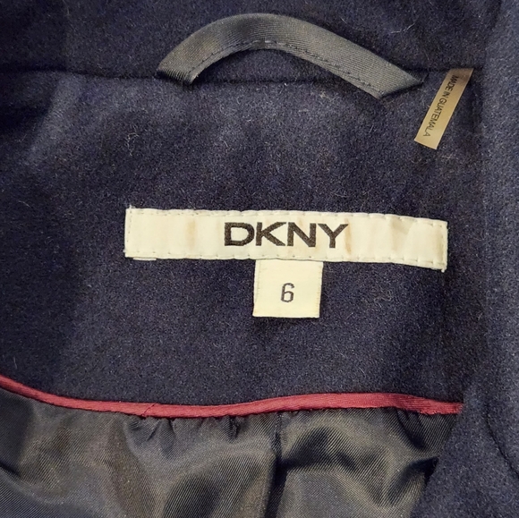 DKNY Wool Blend Coat with Faux Leather Details, Navy Blue, Size US 6 - Picture 7 of 11